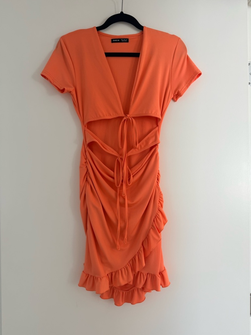 Orange Tie-Front Cutout Ruffle Mini Dress